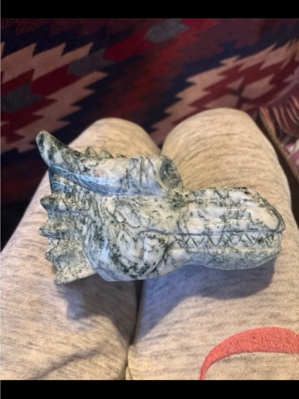 Hand-Carved Green and White Moss Agate Dragon Head